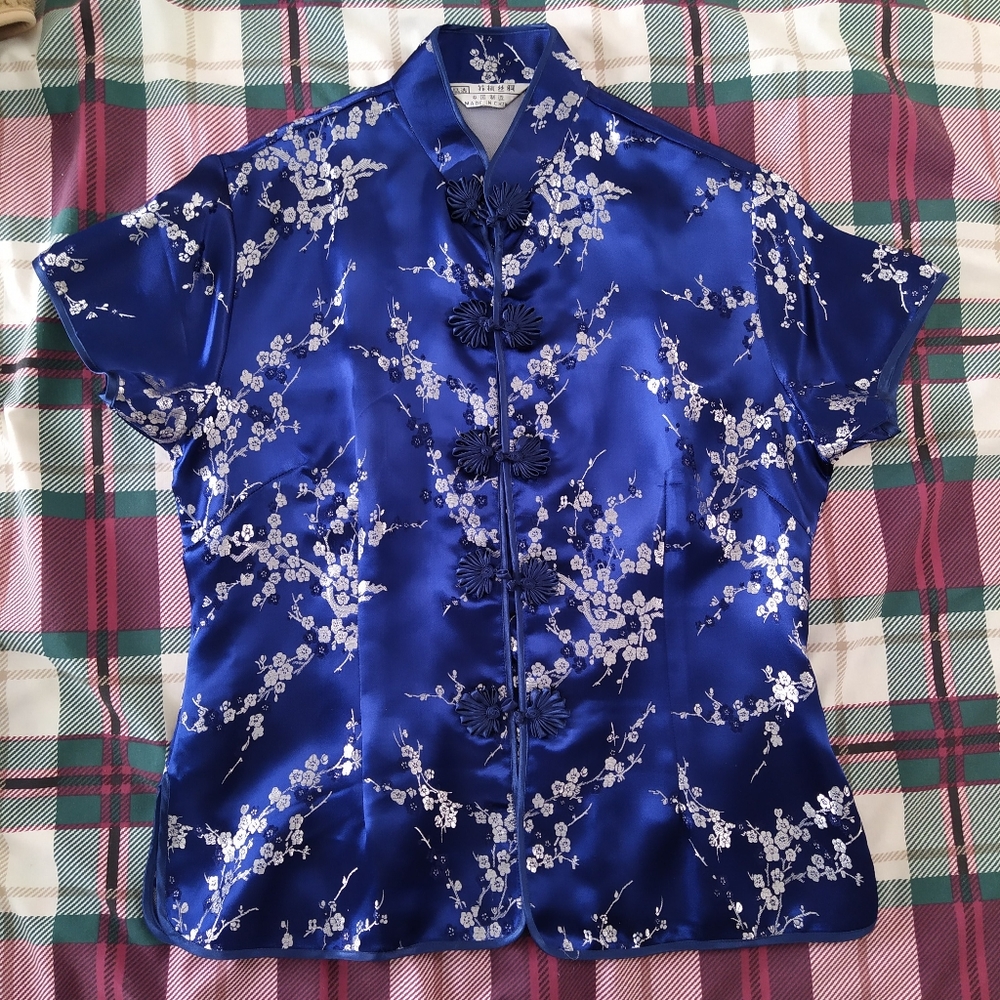 NWOT Chinese Asian Satin Blue Traditional Top Qipao Cheongsam